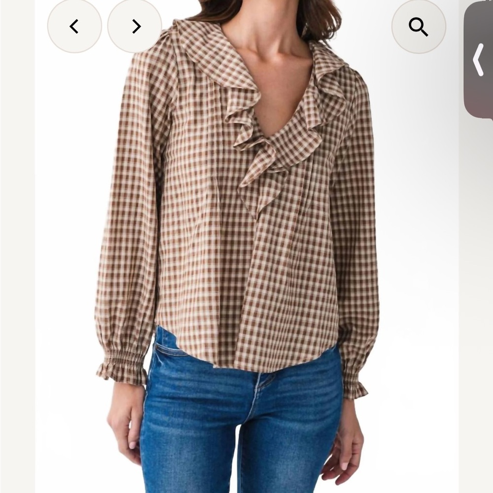 By Together Brown Gingham Ruffle V-Neck Blouse